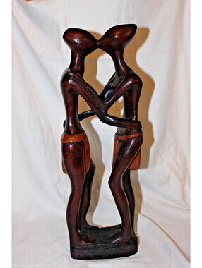 Vintage African Hand Carved Wood Kissing Couple Lovers Sculpture 19" Large